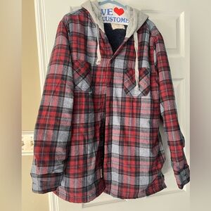 New! Men’s XL Red and Gray Plaid Hooded Shirt Jacket. Never worn.